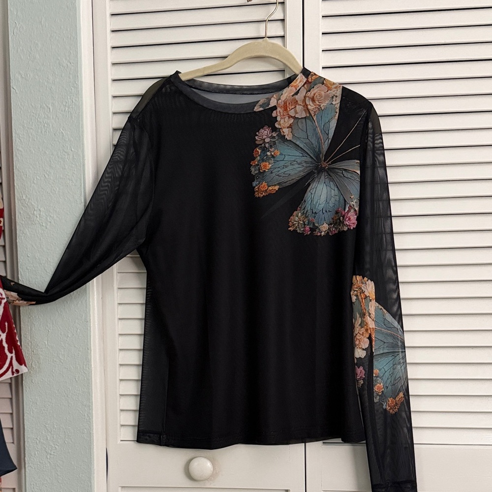 Source Unknown Black Long-Sleeve Top with Blue Butterfly and Peach Floral Detail